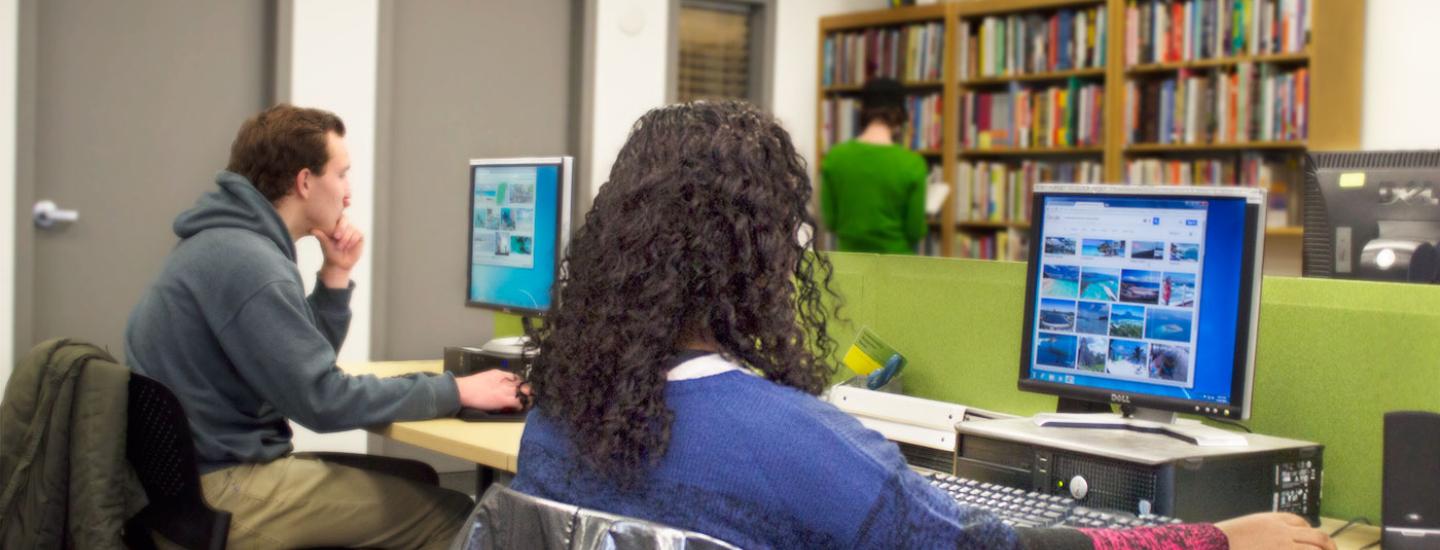 Two students sitting at the community computers inside the Holden Center while someone looks for a book in the background.